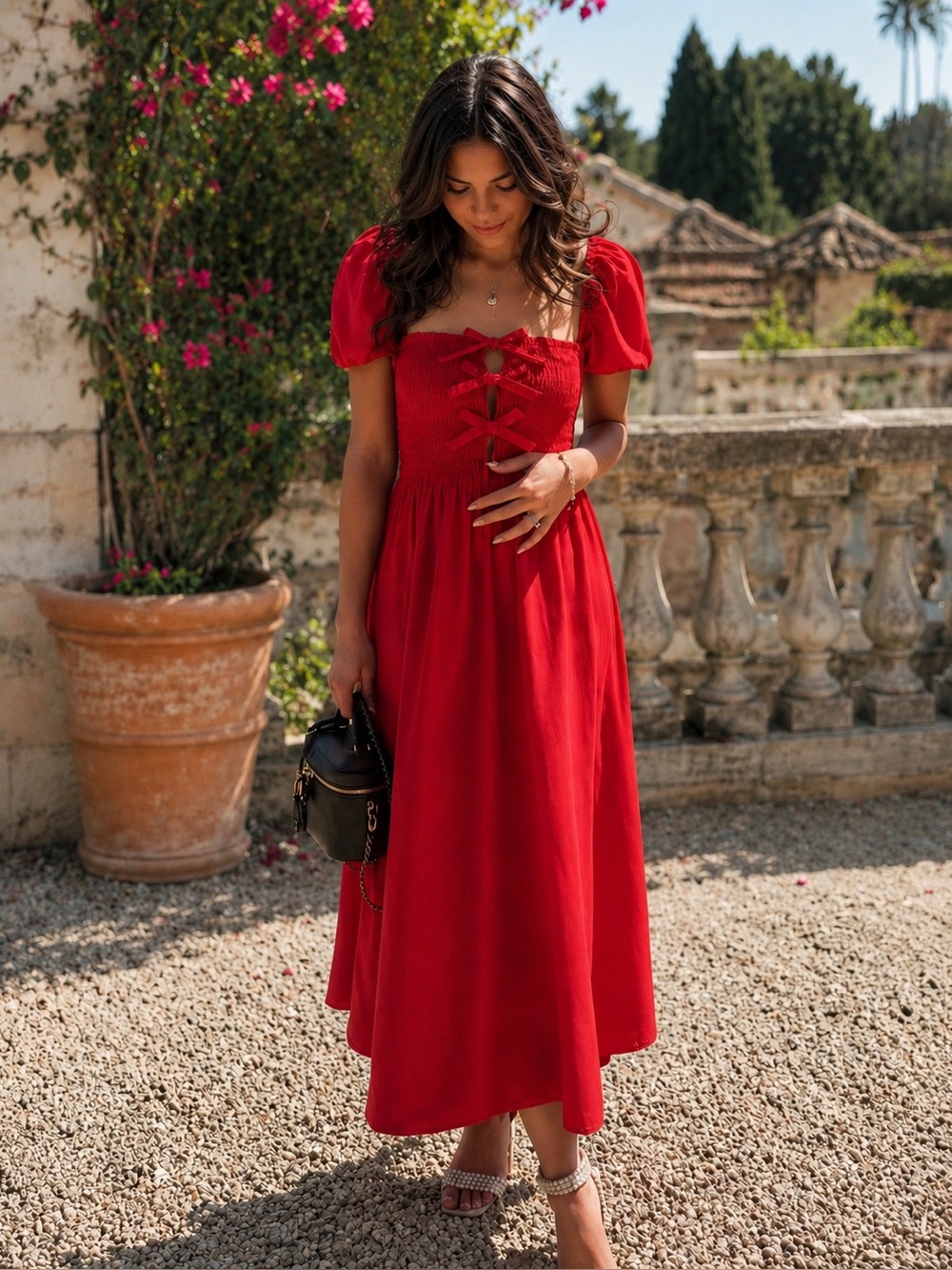 ASTR Bow Smocked Bodice Midi Dress in Red